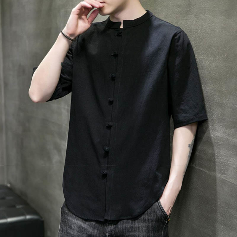 Camicia da uomo in cotone a mezza manica con motivo Buddha Stones, tinta unita