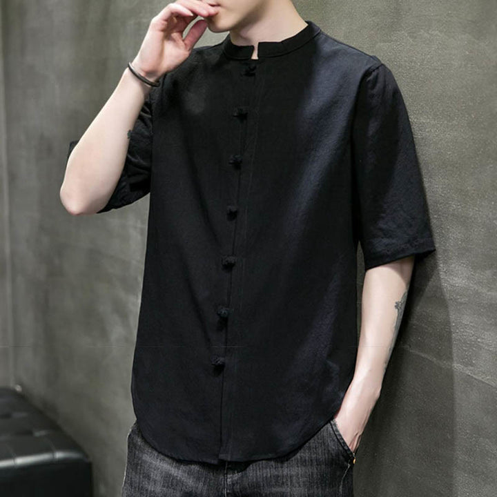 Camicia da uomo in cotone a mezza manica con motivo Buddha Stones, tinta unita