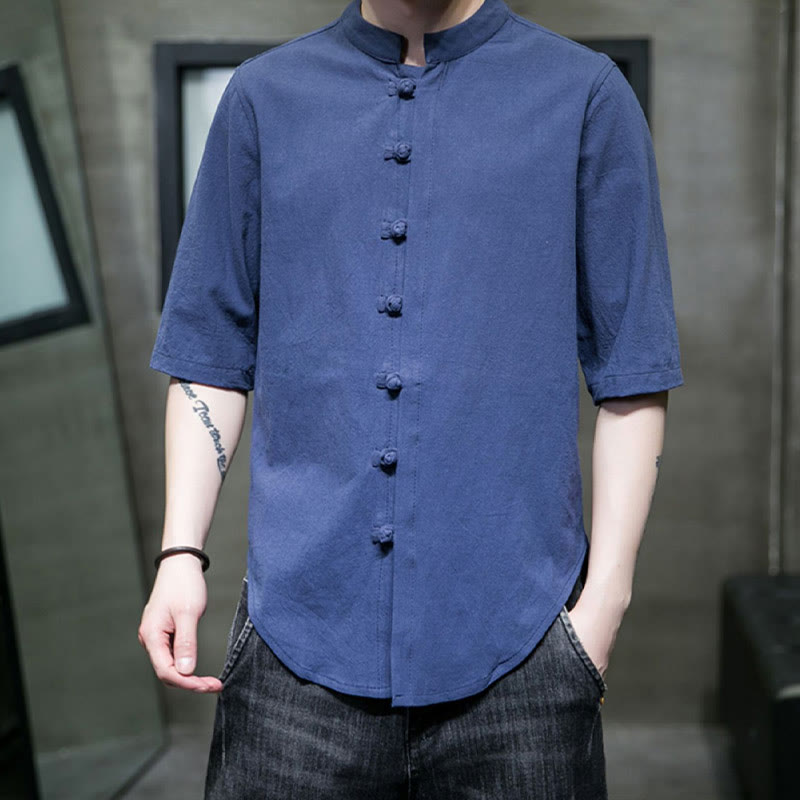 Camicia da uomo in cotone a mezza manica con motivo Buddha Stones, tinta unita - image 29