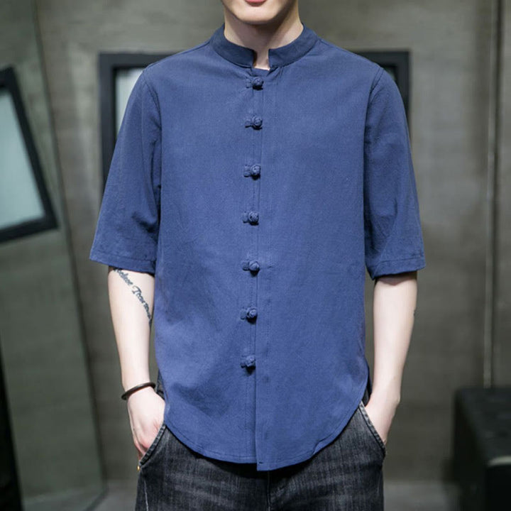 Camicia da uomo in cotone a mezza manica con motivo Buddha Stones, tinta unita