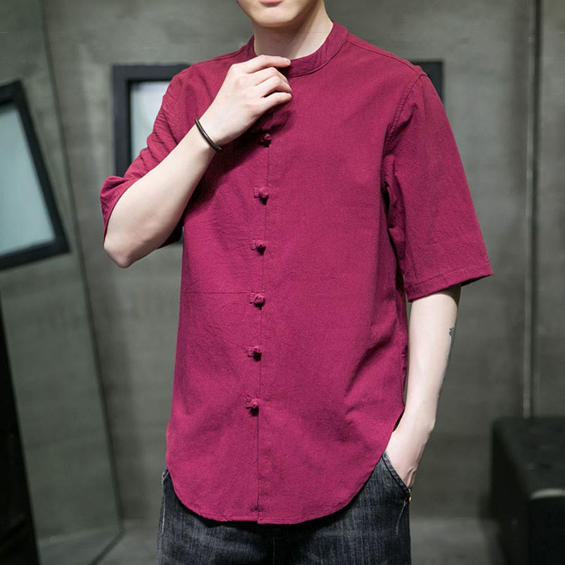 Camicia da uomo in cotone a mezza manica con motivo Buddha Stones, tinta unita