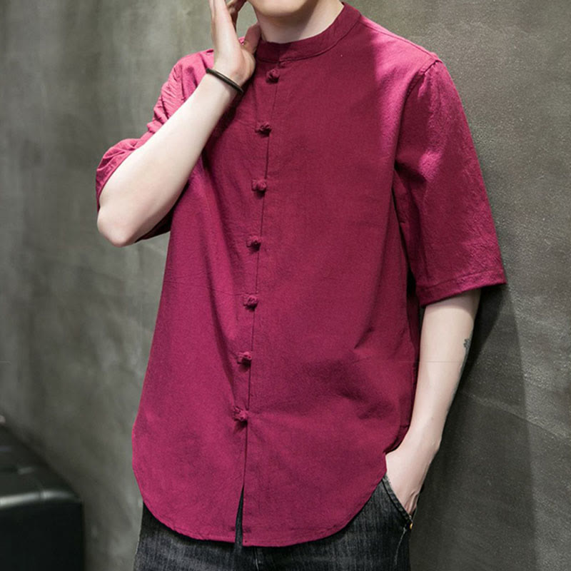 Camicia da uomo in cotone a mezza manica con motivo Buddha Stones, tinta unita - image 13