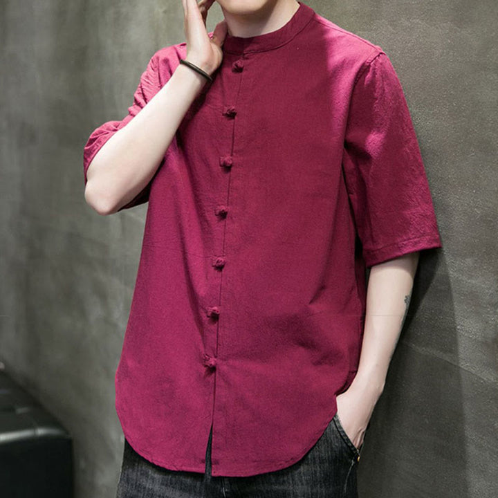 Camicia da uomo in cotone a mezza manica con motivo Buddha Stones, tinta unita - image 13