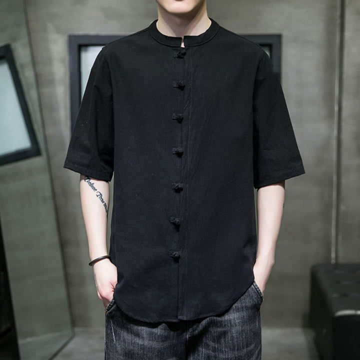 Camicia da uomo in cotone a mezza manica con motivo Buddha Stones, tinta unita - Nero - US/UK/AU46, EU56 (5XL)  - image 16