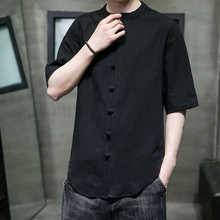 Camicia da uomo in cotone a mezza manica con motivo Buddha Stones, tinta unita