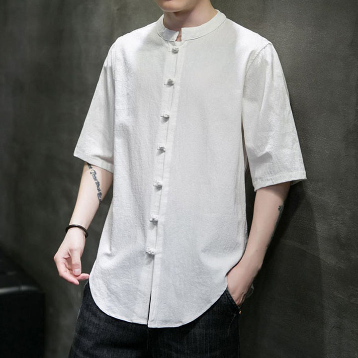Camicia da uomo in cotone a mezza manica con motivo Buddha Stones, tinta unita - image 8