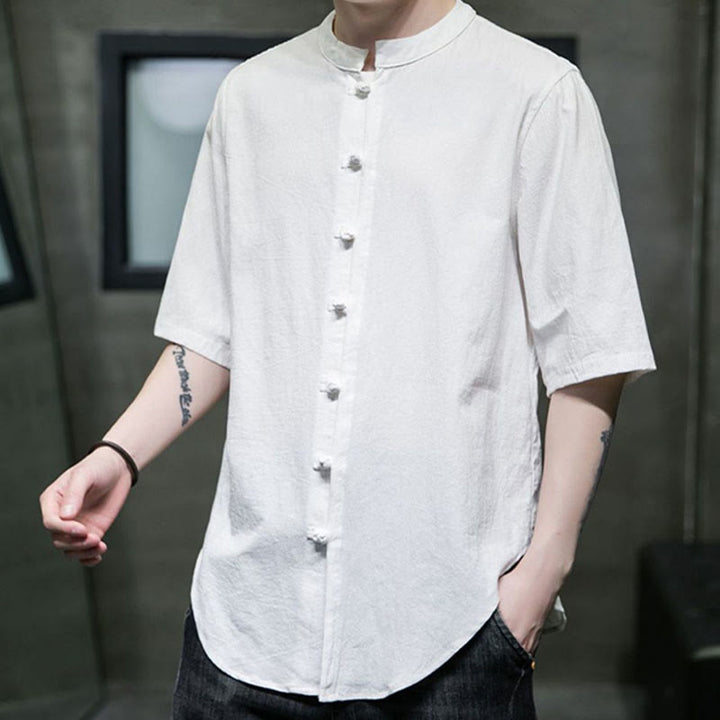 Camicia da uomo in cotone a mezza manica con motivo Buddha Stones, tinta unita - image 5
