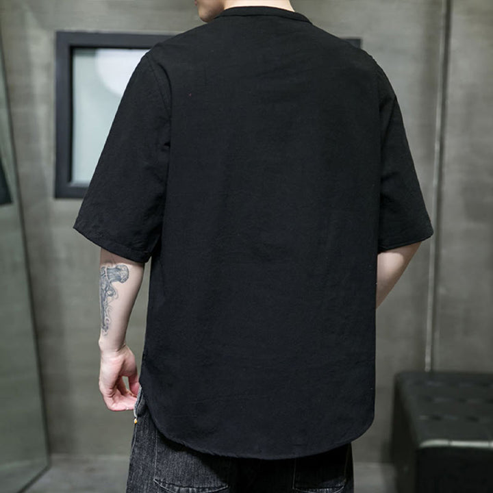 Camicia da uomo in cotone a mezza manica con motivo Buddha Stones, tinta unita - image 19