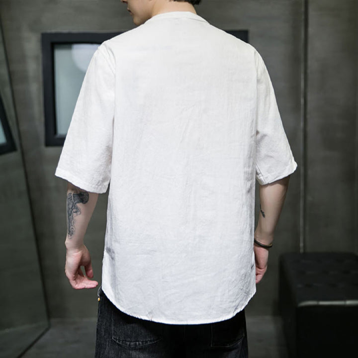 Camicia da uomo in cotone a mezza manica con motivo Buddha Stones, tinta unita