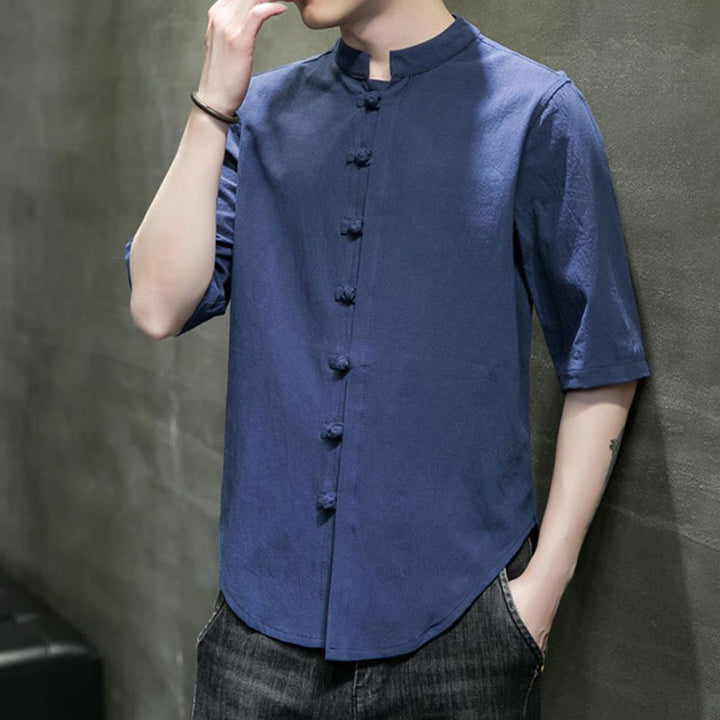 Camicia da uomo in cotone a mezza manica con motivo Buddha Stones, tinta unita