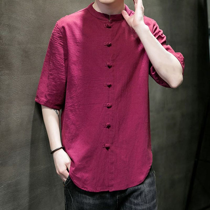 Camicia da uomo in cotone a mezza manica con motivo Buddha Stones, tinta unita - image 16