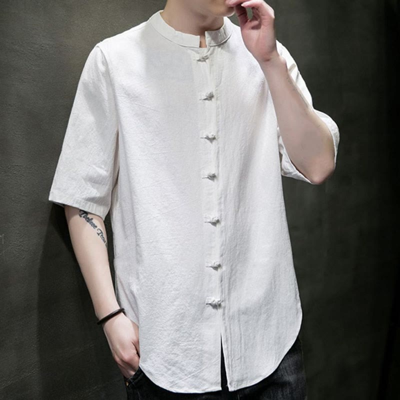 Camicia da uomo in cotone a mezza manica con motivo Buddha Stones, tinta unita - image 3