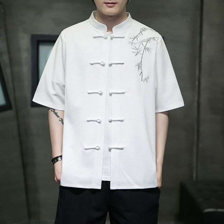 Camicia a maniche corte da uomo con ricamo a forma di libellula, foglia, bottone e rana Buddha Stones