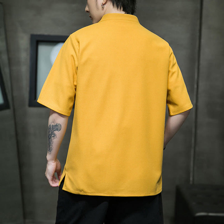 Camicia a maniche corte da uomo con ricamo a forma di libellula, foglia, bottone e rana Buddha Stones