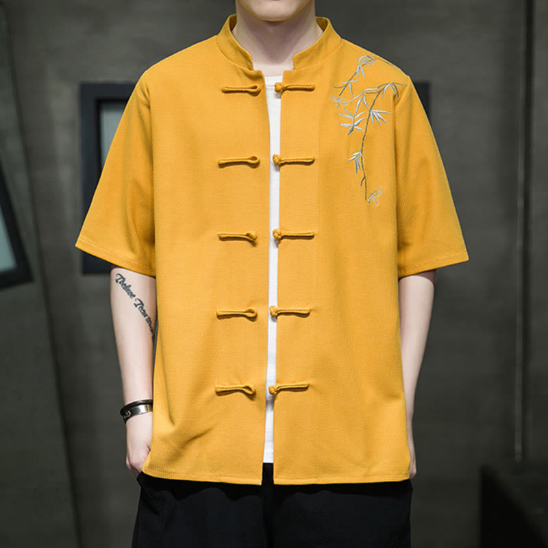 Camicia a maniche corte da uomo con ricamo a forma di libellula, foglia, bottone e rana Buddha Stones