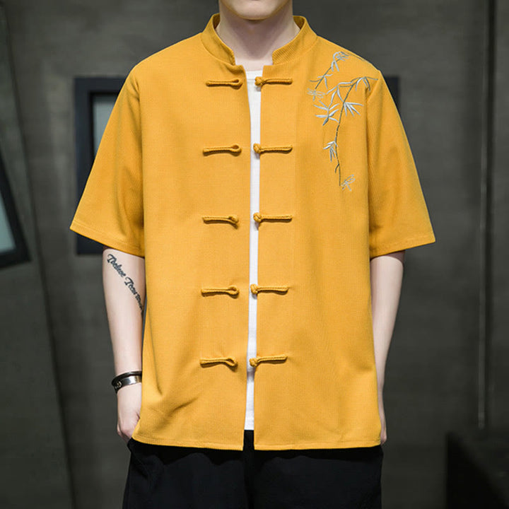 Camicia a maniche corte da uomo con ricamo a forma di libellula, foglia, bottone e rana Buddha Stones