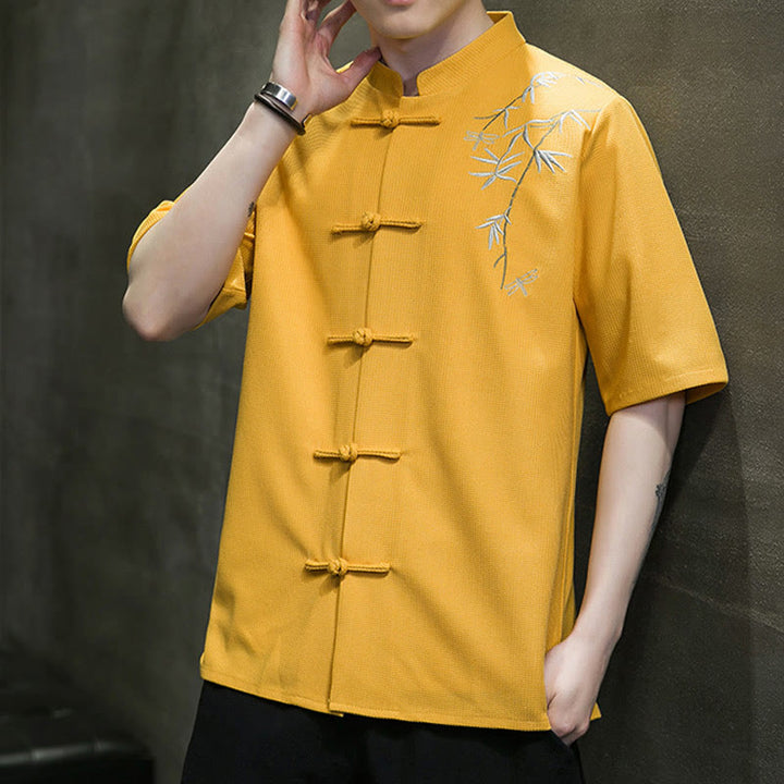 Camicia a maniche corte da uomo con ricamo a forma di libellula, foglia, bottone e rana Buddha Stones