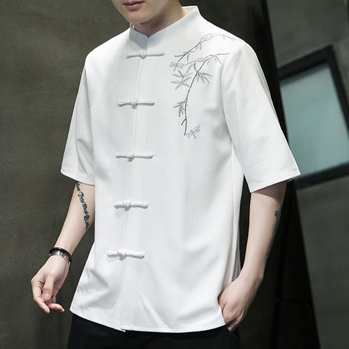 Camicia a maniche corte da uomo con ricamo a forma di libellula, foglia, bottone e rana Buddha Stones