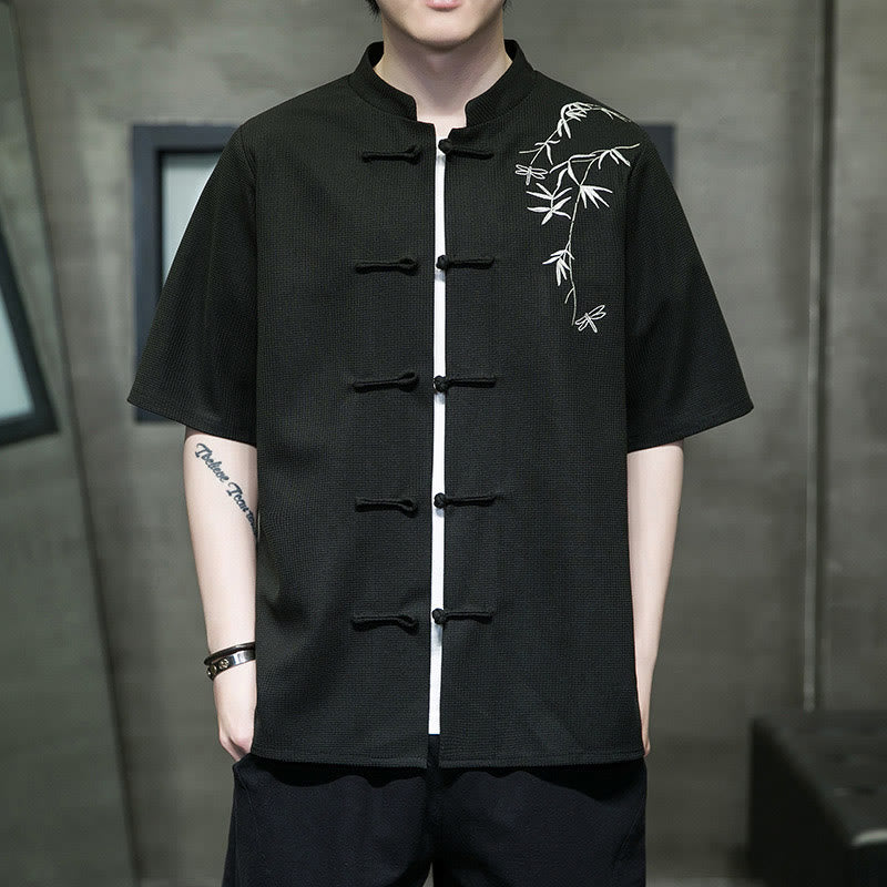 Camicia a maniche corte da uomo con ricamo a forma di libellula, foglia, bottone e rana Buddha Stones