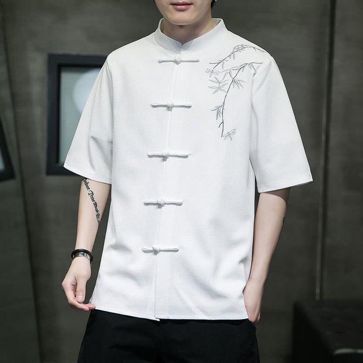 Camicia a maniche corte da uomo con ricamo a forma di libellula, foglia, bottone e rana Buddha Stones - image 5