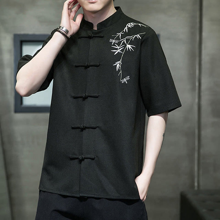 Camicia a maniche corte da uomo con ricamo a forma di libellula, foglia, bottone e rana Buddha Stones