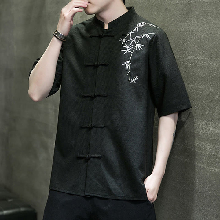 Camicia a maniche corte da uomo con ricamo a forma di libellula, foglia, bottone e rana Buddha Stones