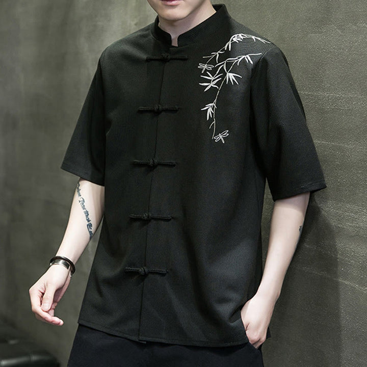 Camicia a maniche corte da uomo con ricamo a forma di libellula, foglia, bottone e rana Buddha Stones