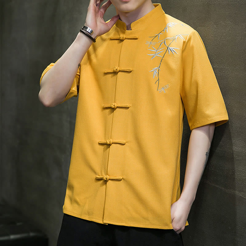 Camicia a maniche corte da uomo con ricamo a forma di libellula, foglia, bottone e rana Buddha Stones - image 13