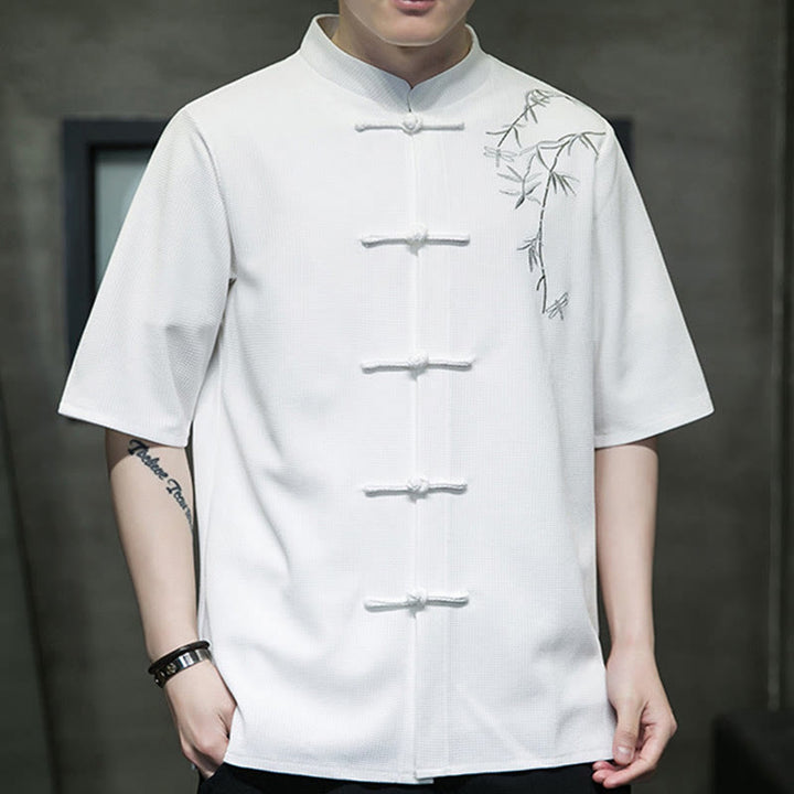 Camicia a maniche corte da uomo con ricamo a forma di libellula, foglia, bottone e rana Buddha Stones - image 1