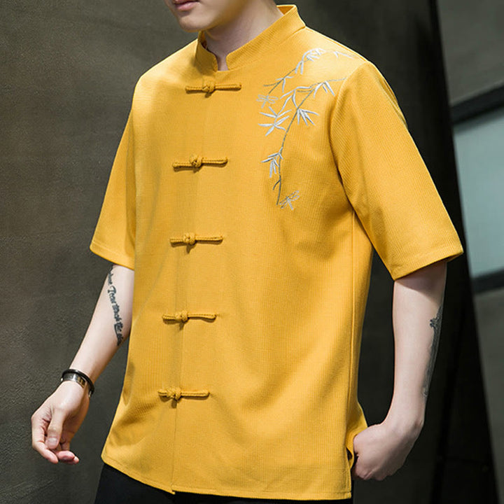 Camicia a maniche corte da uomo con ricamo a forma di libellula, foglia, bottone e rana Buddha Stones