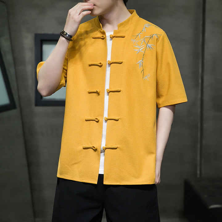 Camicia a maniche corte da uomo con ricamo a forma di libellula, foglia, bottone e rana Buddha Stones - image 10