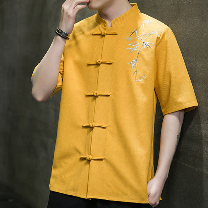 Camicia a maniche corte da uomo con ricamo a forma di libellula, foglia, bottone e rana Buddha Stones