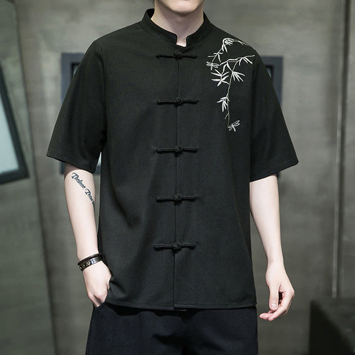 Camicia a maniche corte da uomo con ricamo a forma di libellula, foglia, bottone e rana Buddha Stones