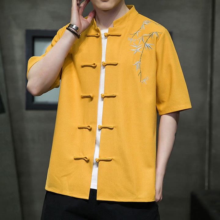 Camicia a maniche corte da uomo con ricamo a forma di libellula, foglia, bottone e rana Buddha Stones - image 12