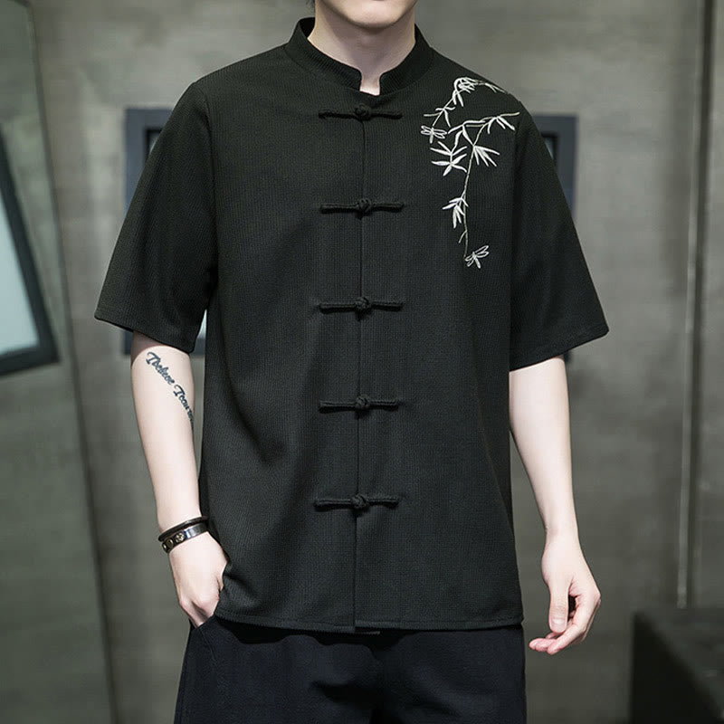 Camicia a maniche corte da uomo con ricamo a forma di libellula, foglia, bottone e rana Buddha Stones - image 15
