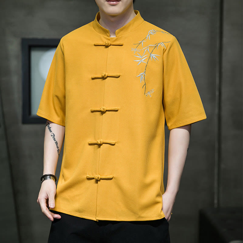 Camicia a maniche corte da uomo con ricamo a forma di libellula, foglia, bottone e rana Buddha Stones - image 7