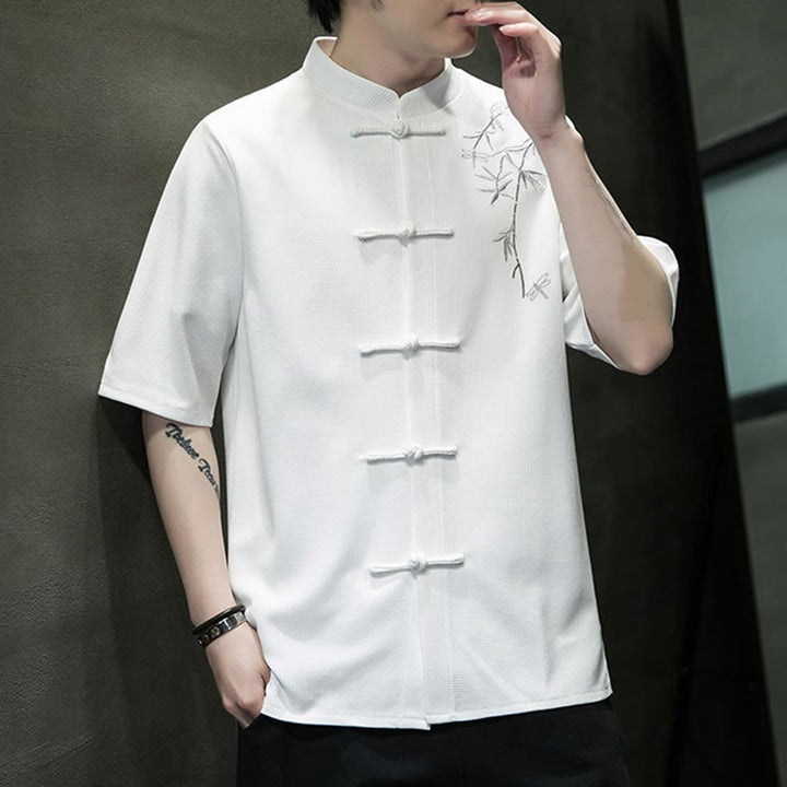 Camicia a maniche corte da uomo con ricamo a forma di libellula, foglia, bottone e rana Buddha Stones