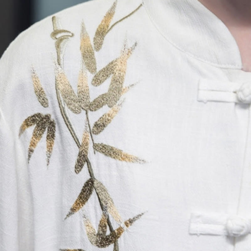 Buddha Stones Cinese Rana-Bottone Tang Suit Foglie di Bambù Camicia Manica Lunga Giacca da Uomo in Cotone e Lino - image 4