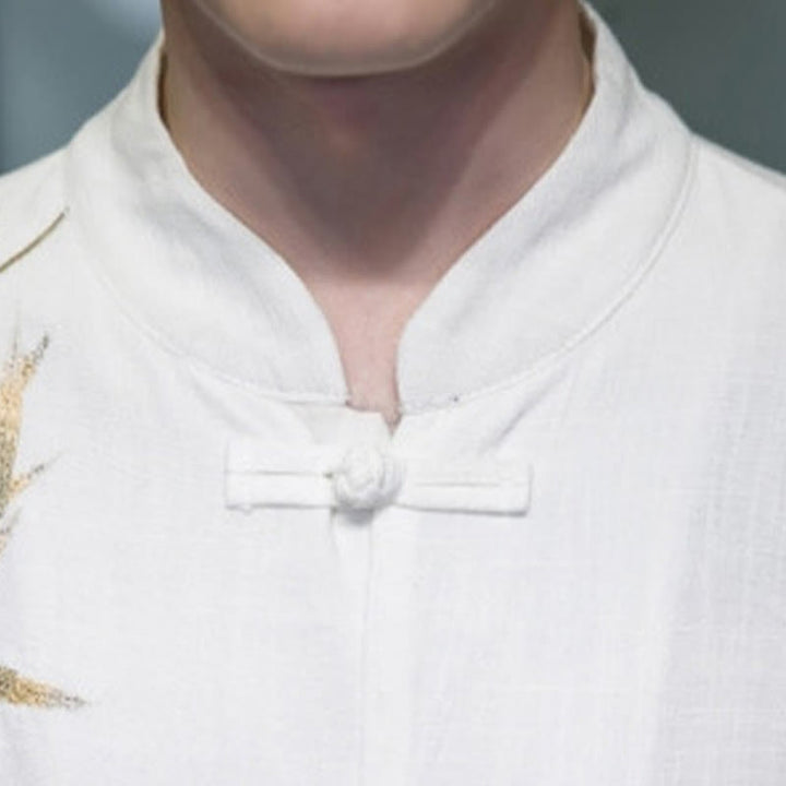 Buddha Stones Cinese Rana-Bottone Tang Suit Foglie di Bambù Camicia Manica Lunga Giacca da Uomo in Cotone e Lino - image 3