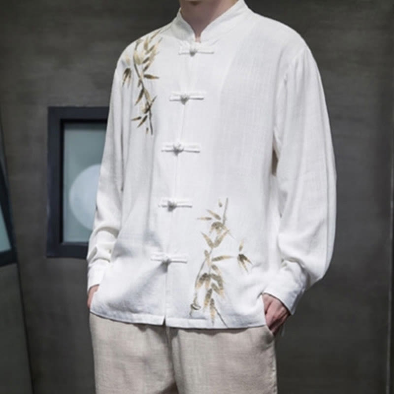 Buddha Stones Cinese Rana-Bottone Tang Suit Foglie di Bambù Camicia Manica Lunga Giacca da Uomo in Cotone e Lino - image 1