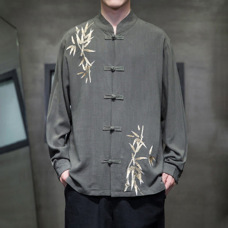 Buddha Stones Cinese Rana-Bottone Tang Suit Foglie di Bambù Camicia Manica Lunga Giacca da Uomo in Cotone e Lino - DarkSeaGreen - US/UK/AU46, EU56 (5XL)  - image 10