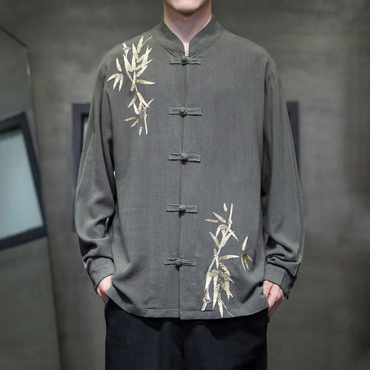Buddha Stones Cinese Rana-Bottone Tang Suit Foglie di Bambù Camicia Manica Lunga Giacca da Uomo in Cotone e Lino - DarkSeaGreen - US/UK/AU46, EU56 (5XL)  - image 10