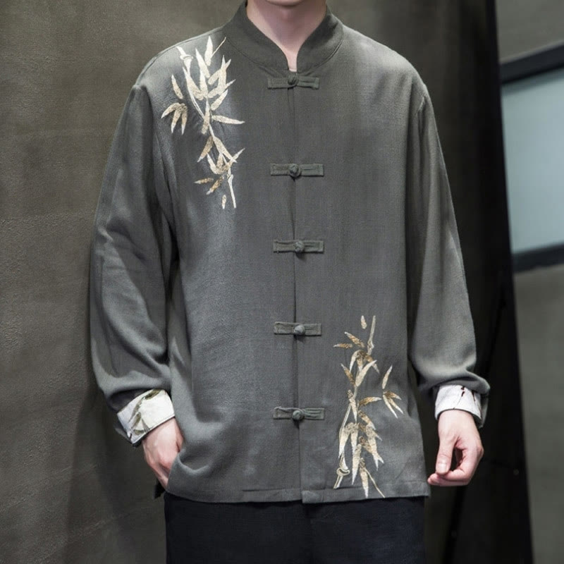 Buddha Stones Cinese Rana-Bottone Tang Suit Foglie di Bambù Camicia Manica Lunga Giacca da Uomo in Cotone e Lino - image 11