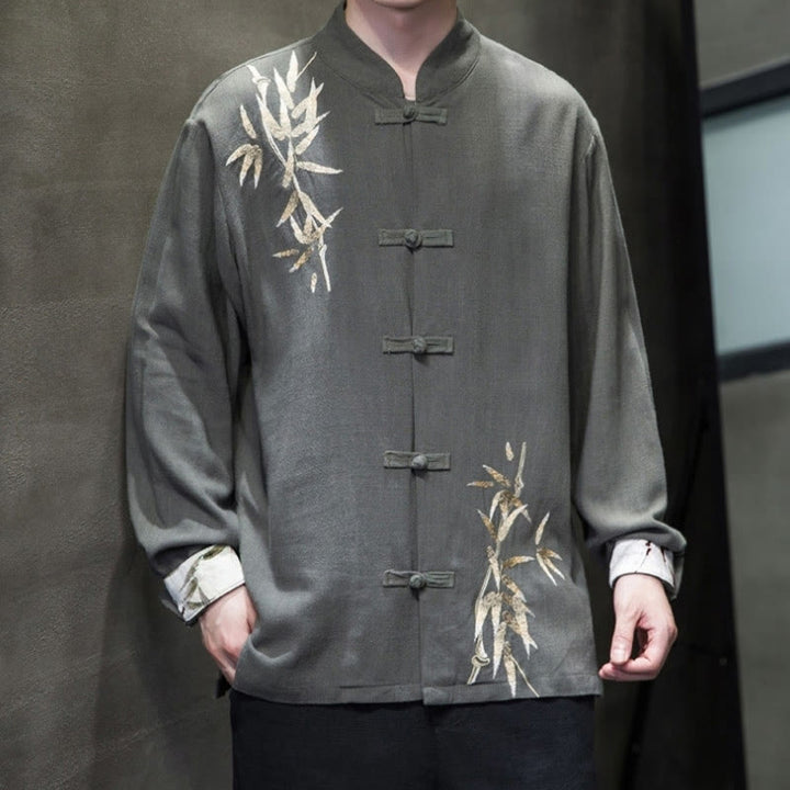 Buddha Stones Cinese Rana-Bottone Tang Suit Foglie di Bambù Camicia Manica Lunga Giacca da Uomo in Cotone e Lino - image 11