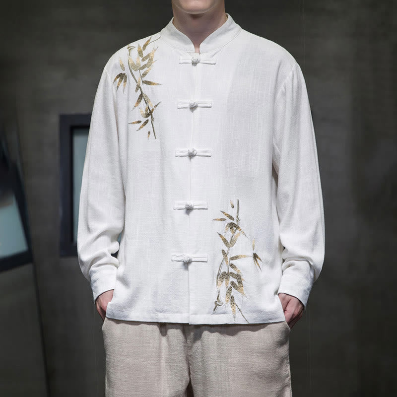 Buddha Stones Cinese Rana-Bottone Tang Suit Foglie di Bambù Camicia Manica Lunga Giacca da Uomo in Cotone e Lino - Bianco - US/UK/AU46, EU56 (5XL)  - image 0