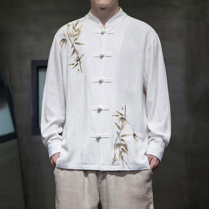 Buddha Stones Cinese Rana-Bottone Tang Suit Foglie di Bambù Camicia Manica Lunga Giacca da Uomo in Cotone e Lino - Bianco - US/UK/AU46, EU56 (5XL)  - image 0