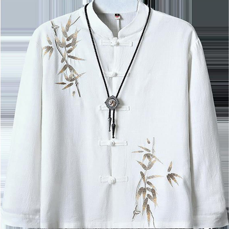 Buddha Stones Cinese Rana-Bottone Tang Suit Foglie di Bambù Camicia Manica Lunga Giacca da Uomo in Cotone e Lino - image 3
