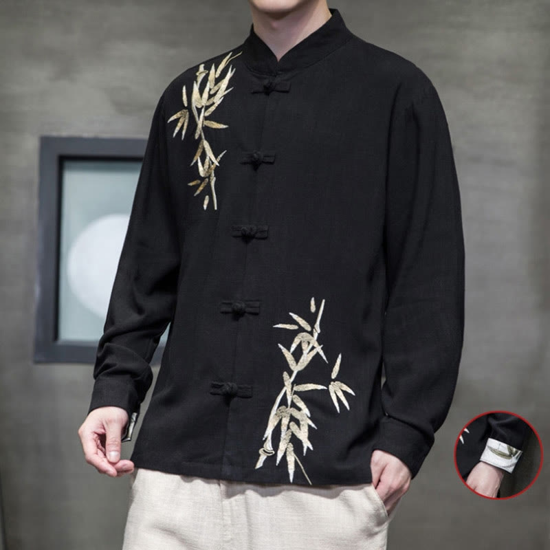 Buddha Stones Cinese Rana-Bottone Tang Suit Foglie di Bambù Camicia Manica Lunga Giacca da Uomo in Cotone e Lino - image 9