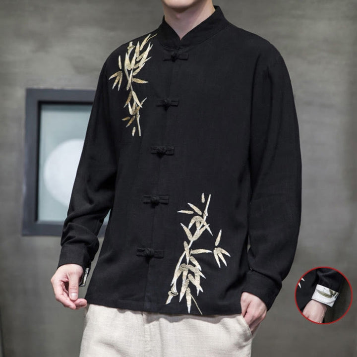 Buddha Stones Cinese Rana-Bottone Tang Suit Foglie di Bambù Camicia Manica Lunga Giacca da Uomo in Cotone e Lino - image 9