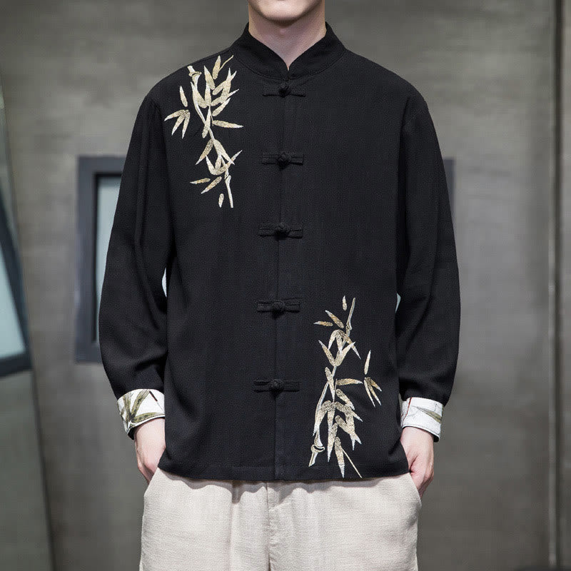 Buddha Stones Cinese Rana-Bottone Tang Suit Foglie di Bambù Camicia Manica Lunga Giacca da Uomo in Cotone e Lino - Nero - US/UK/AU46, EU56 (5XL)  - image 7